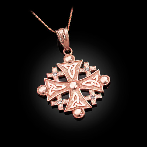 Rose Gold Jerusalem Cross Diamond Pendant Necklace