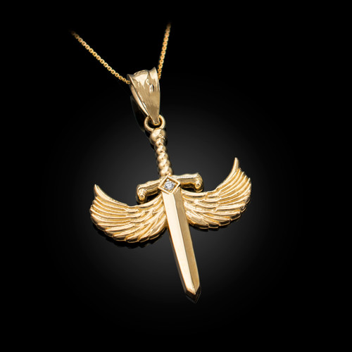 Yellow Gold Hot Wings Diamond Sword Pendant Necklace