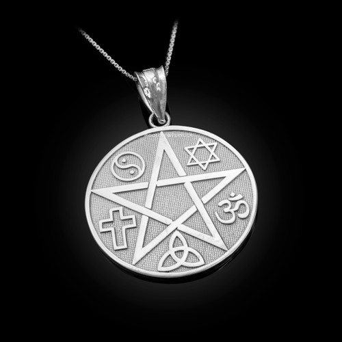 White Gold Multicultural Pentacle Medallion Pendant Necklace