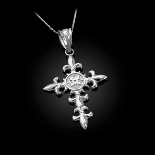 White Gold Fleur de Lis Cross Pendant Necklace