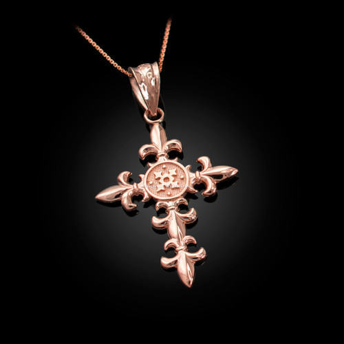 Rose Gold Fleur de Lis Cross Pendant Necklace