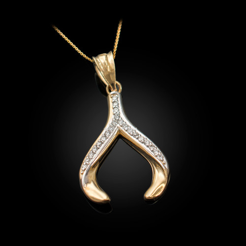 Yellow Gold Diamond Wishbone Pendant Necklace