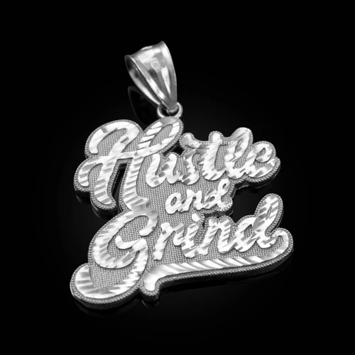 White Gold HUSTLE AND GRIND Hip-Hop DC Pendant