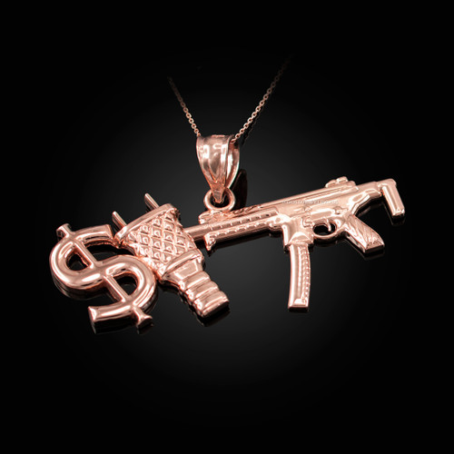 Rose Gold Dollar Plug Gun Hip Hop Pendant Necklace