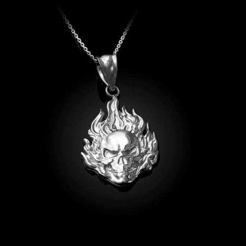 Flaming Skull White Gold Pendant Necklace