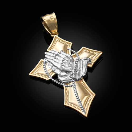 Two-Tone Yellow Gold Praying Hands Catholic Cross Pendant