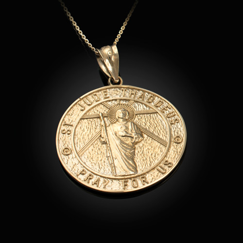 Yellow Gold St. Jude Reversible Pray Medal Pendant Necklace