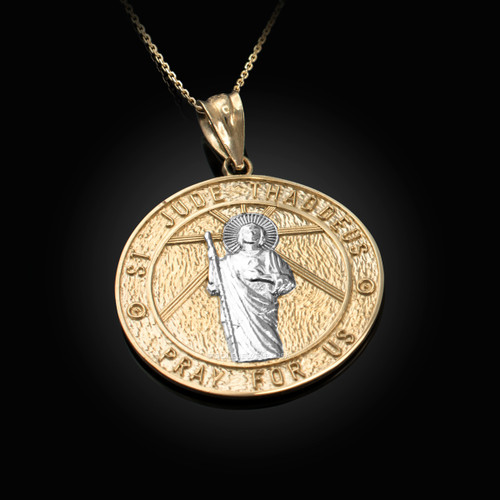 Two-Tone Yellow Gold St. Jude Reversible Pray Medal Pendant Necklace