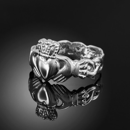 White gold ladies classic claddagh ring with trinity band.