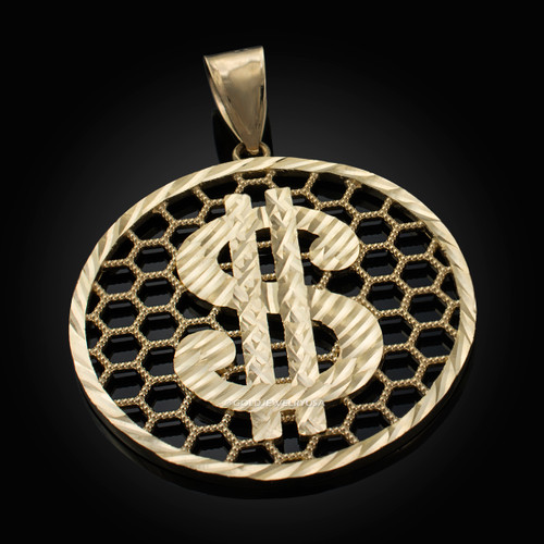 Gold Dollar Sign Round DC Honeycomb Pendant