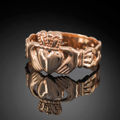 Men's rose gold classic claddagh ring with trinity band