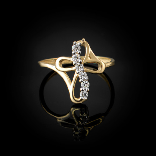 Gold Ribbon Cross CZ Infinity Ring