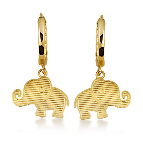 Yellow Gold Elephant Wildlife Cuban Link Huggie Earrings