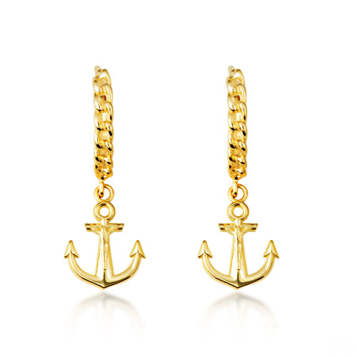 Yellow Gold Nautical Anchor Cuban Link Huggie Earrings