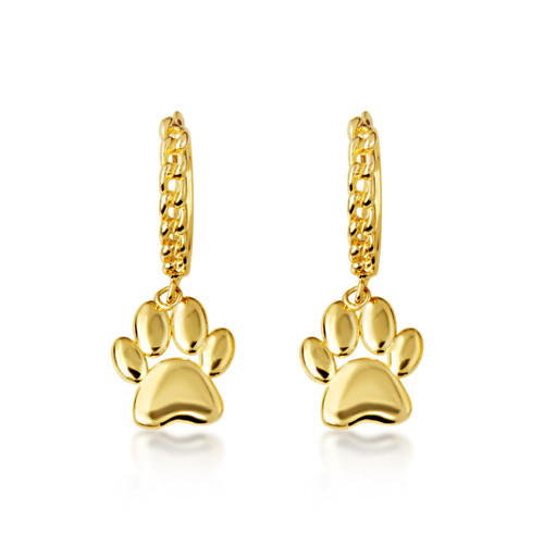 Yellow Gold Pet Dog Paw Print Cuban Link Huggie Earrings