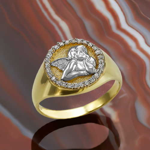 Gold Cupid Cherub Angel Halo Diamond Round Signet Ring