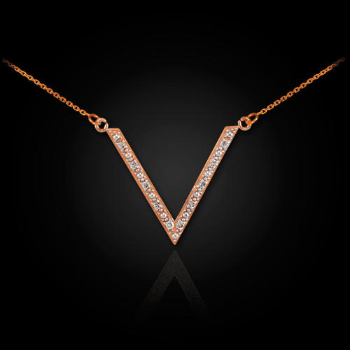 14k Rose gold diamond pave V necklace.