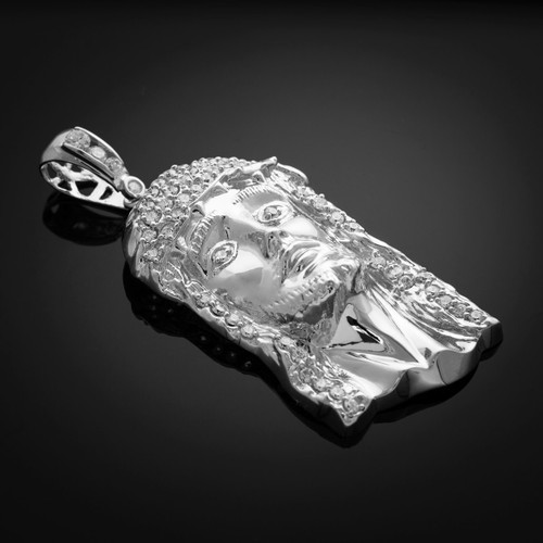 White Gold Jesus Face CZ Pendant