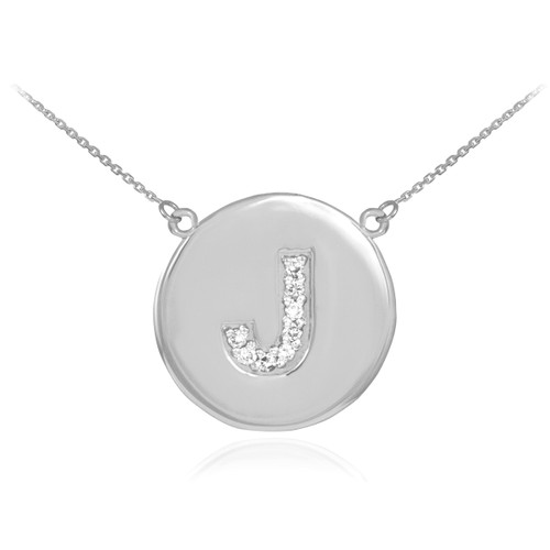 14k White Gold Letter "J" Initial Diamond Disc Necklace