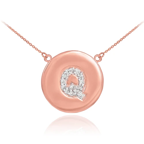 14k Rose Gold Letter "Q" Initial Diamond Disc Necklace