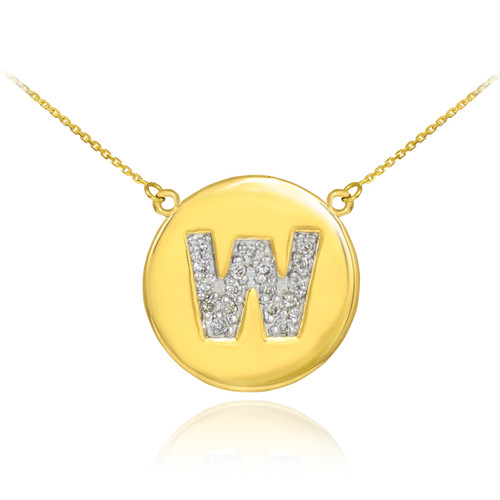 14k Gold Letter "W" Initial Diamond Disc Necklace