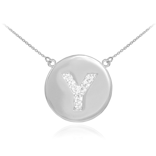 14k White Gold Letter "Y" Initial Diamond Disc Necklace
