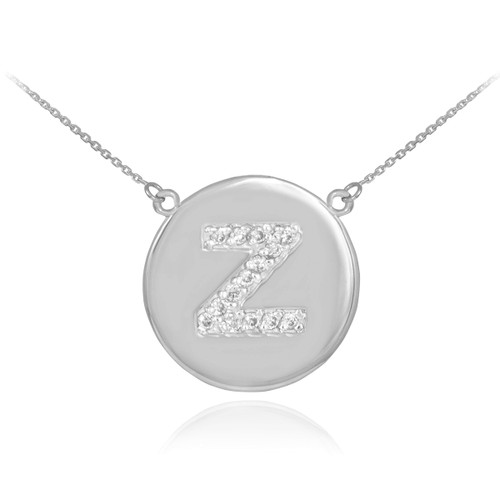 14k White Gold Letter "Z" Initial Diamond Disc Necklace