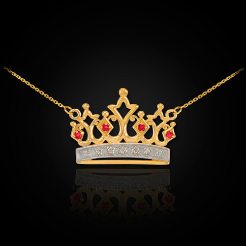 14K Gold Quinceanera Crown Necklace with Ruby & Diamonds