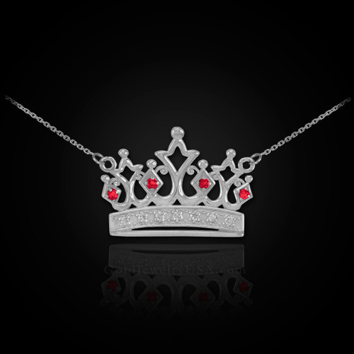 14K White Gold Quinceanera Crown Necklace with Ruby & Diamonds