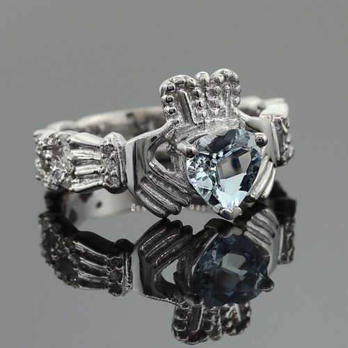 White Gold Aquamarine Diamond Claddagh Ring
