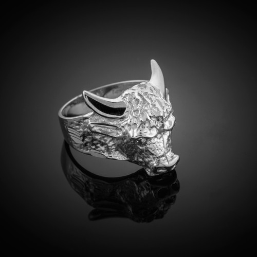 Large White Gold Bull Taurus Ring