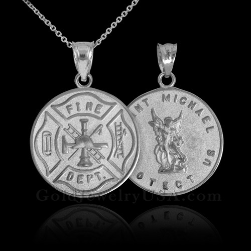 White Gold Firefighter Badge Reversible St. Michael Pendant Necklace