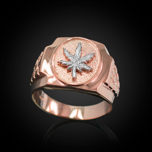 Mens Rose Gold Marijuana Leaf Cannabis Nugget Ring