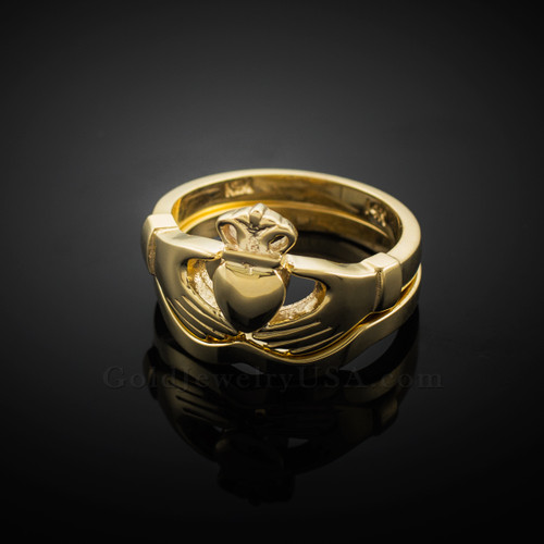 2pc Gold Classic Claddagh Engagement Ring Band