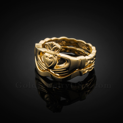 2pc Gold Claddagh Engagement Ring with Trinity Band