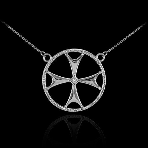 14k White Gold Diamond Maltese Cross Necklace