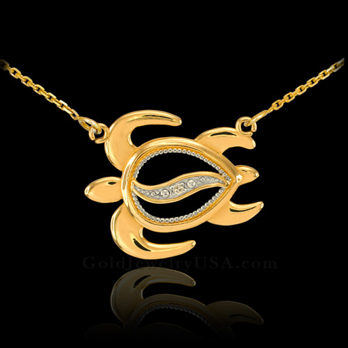 14k Gold Sideways Diamond Hawaiian Honu Turtle Necklace