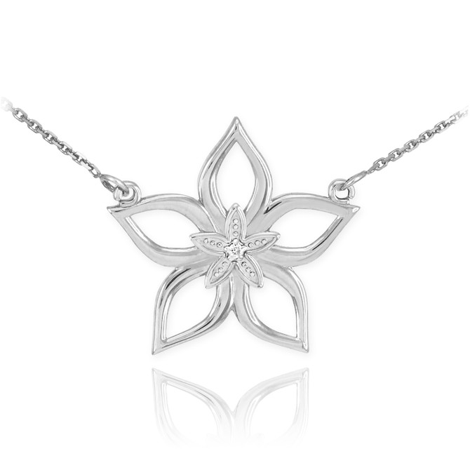14k White Gold Diamond Star Flower Necklace