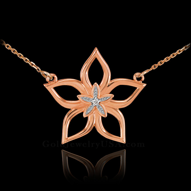 14k Rose Gold Diamond Star Flower Necklace