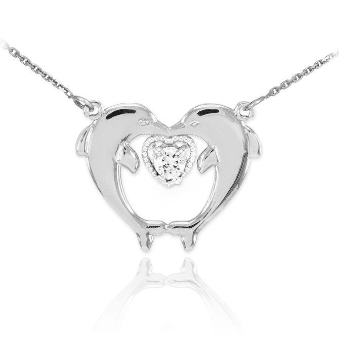 14k White Gold Two Dolphins CZ Necklace