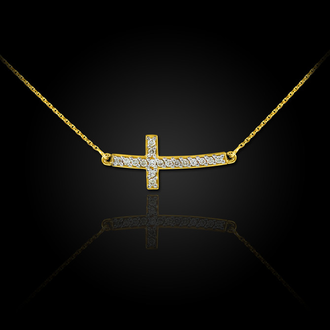 Curved Cute Diamond Sideways Cross Gold Necklace