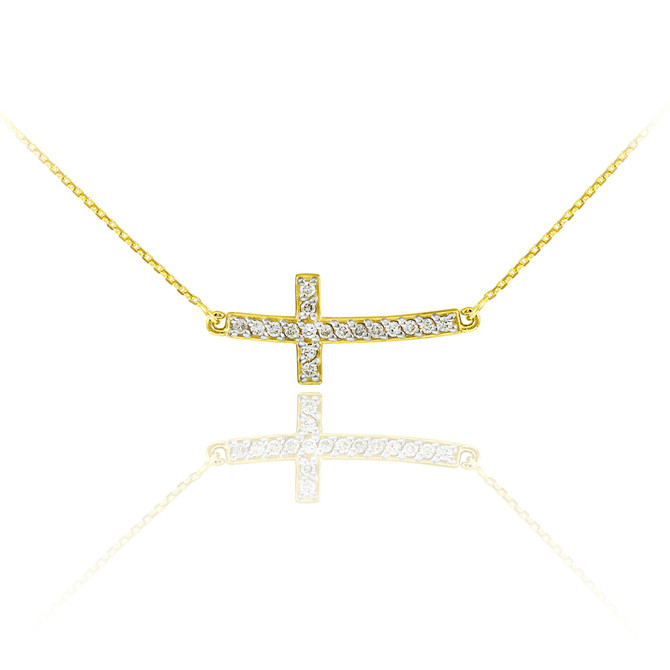 14K Gold Sideways Diamond Cute Curved Cross Necklace