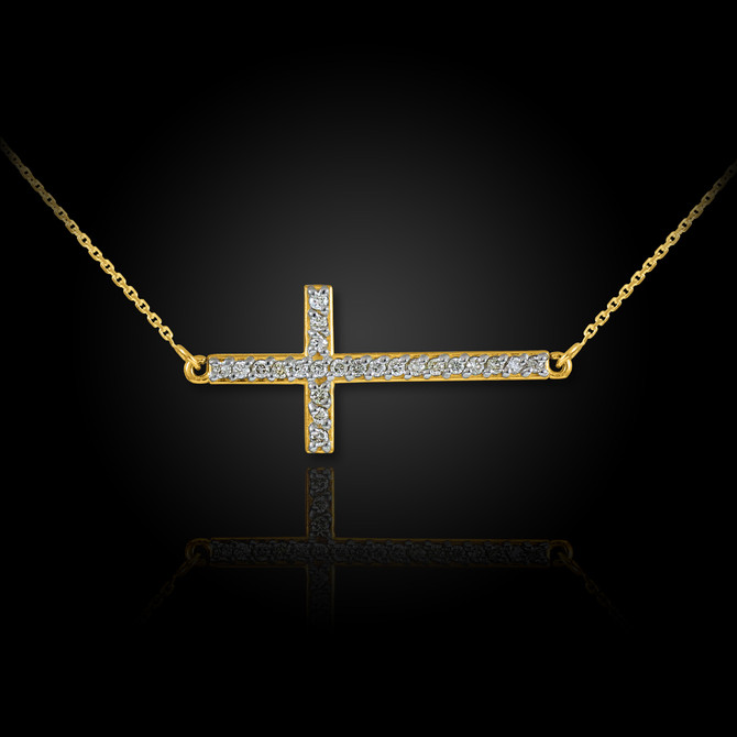 14K Gold Sideways Diamond Cross Pendant Necklace