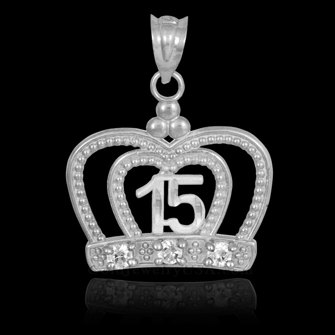 White Gold Quinceanera Crown CZ Pendant