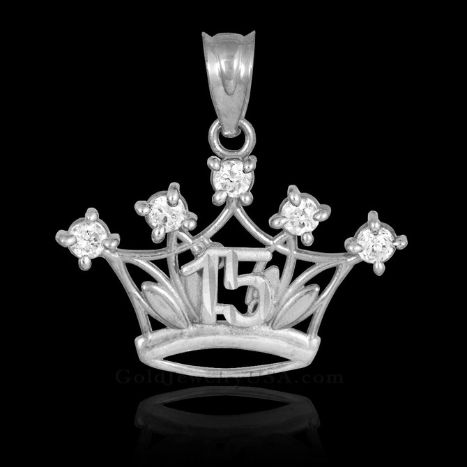 White Gold Quinceanera Crown CZ Charm Pendant