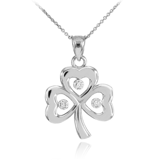 White Gold 3-Leaf Diamond Shamrock Clover Pendant Necklace