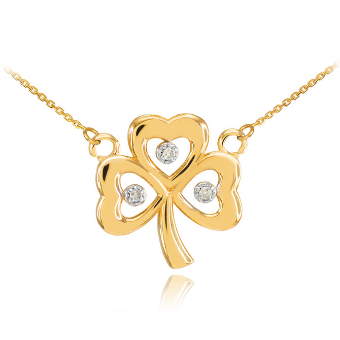 14K Gold 3-Leaf Diamond Shamrock Clover Necklace