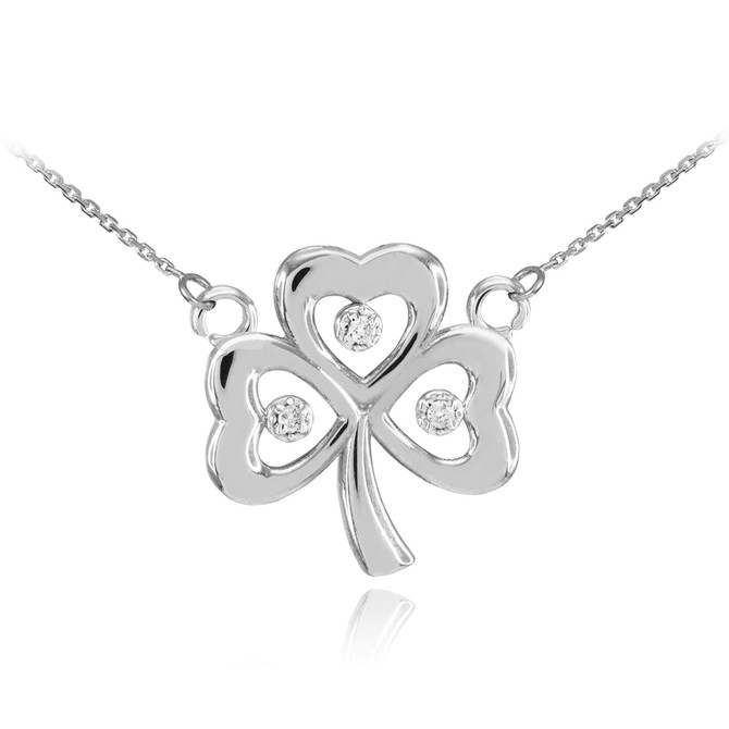 14K White Gold 3-Leaf Diamond Shamrock Clover Necklace