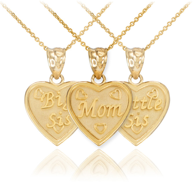 3pc Gold 'MOM', 'BIG SIS', 'LITTLE SIS' Heart Necklace Set