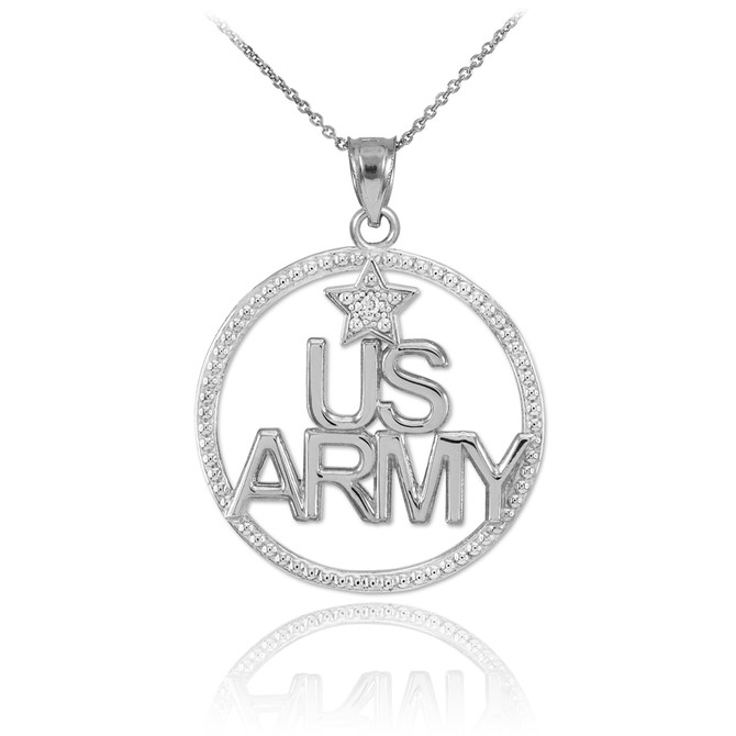 White Gold US ARMY Diamond Pendant Necklace